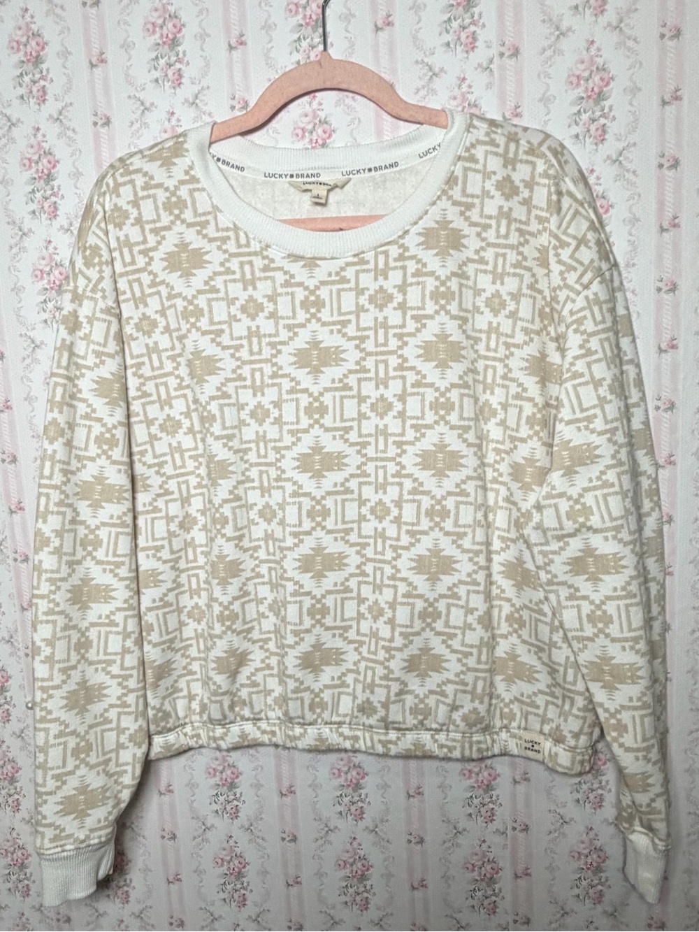 Lucky Brand Aztec Print Pullover Sweatshirt Tan Cream Southwestern L Cropped